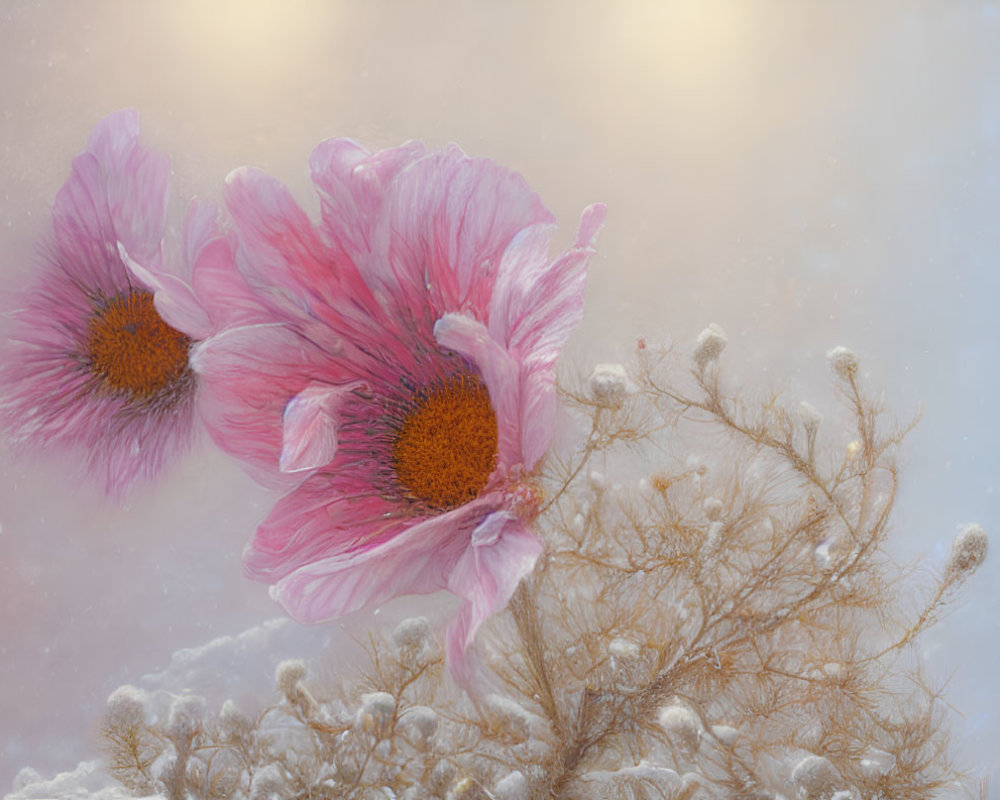 Pink Flowers and Snowy Plants in Soft Glowing Light