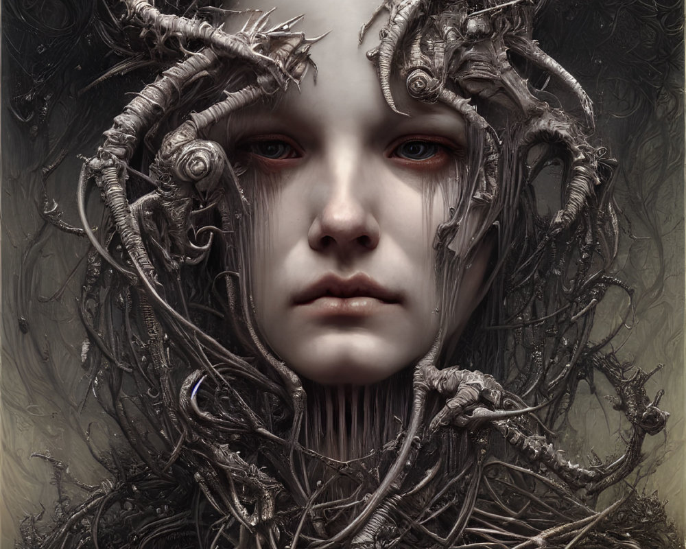 Pale figure with red eyes and antler-like branches in fantasy portrait