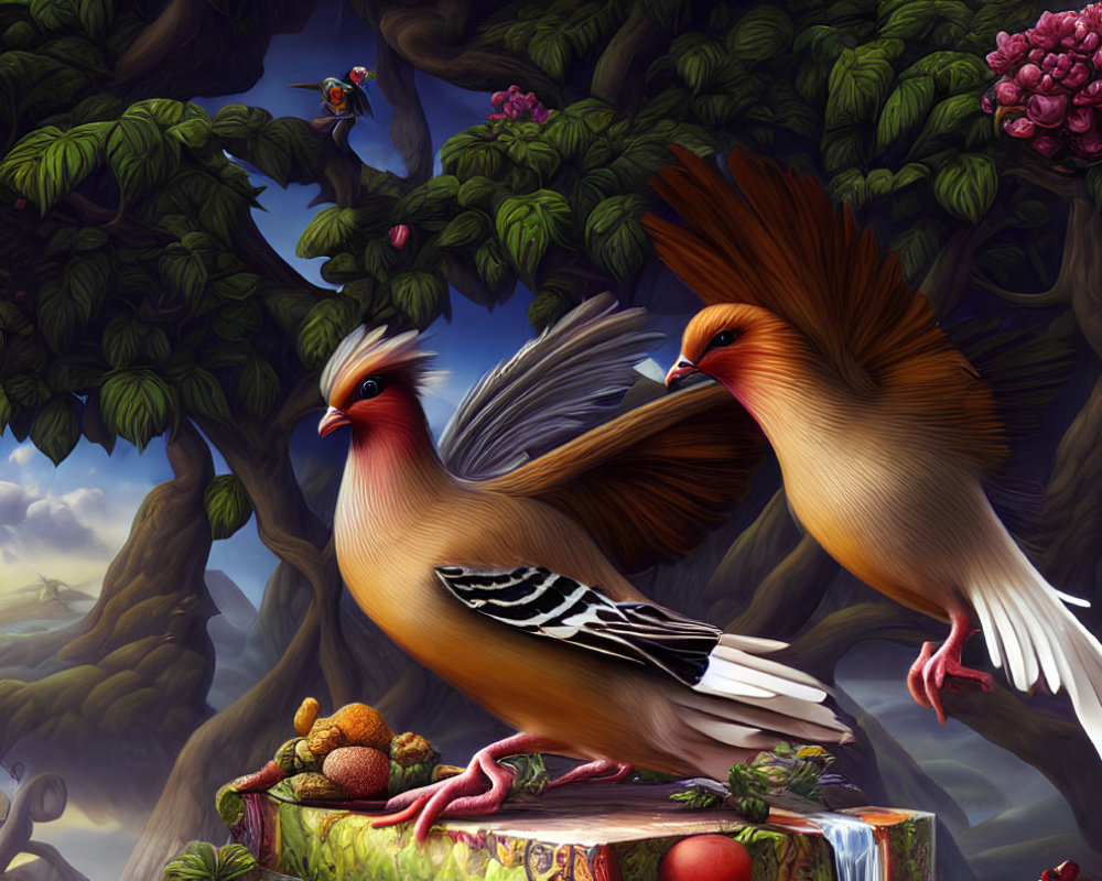 Colorful exotic birds in lush forest setting with fruit and another bird.