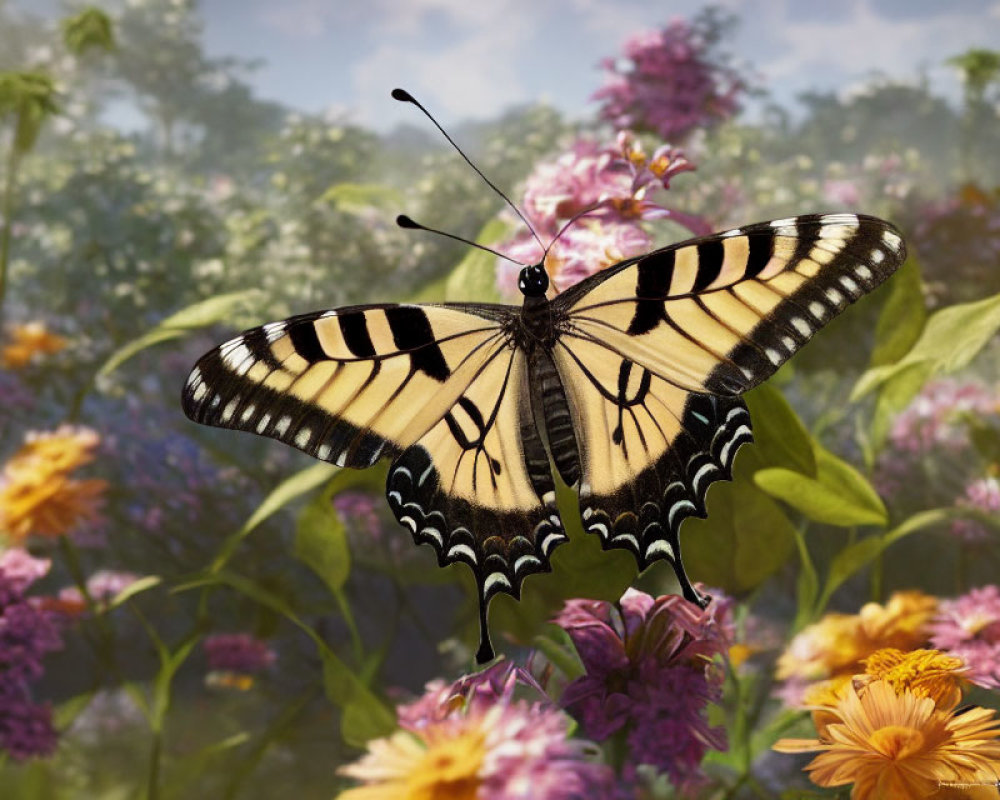 Yellow and Black Striped Butterfly on Flower in Sunny Garden