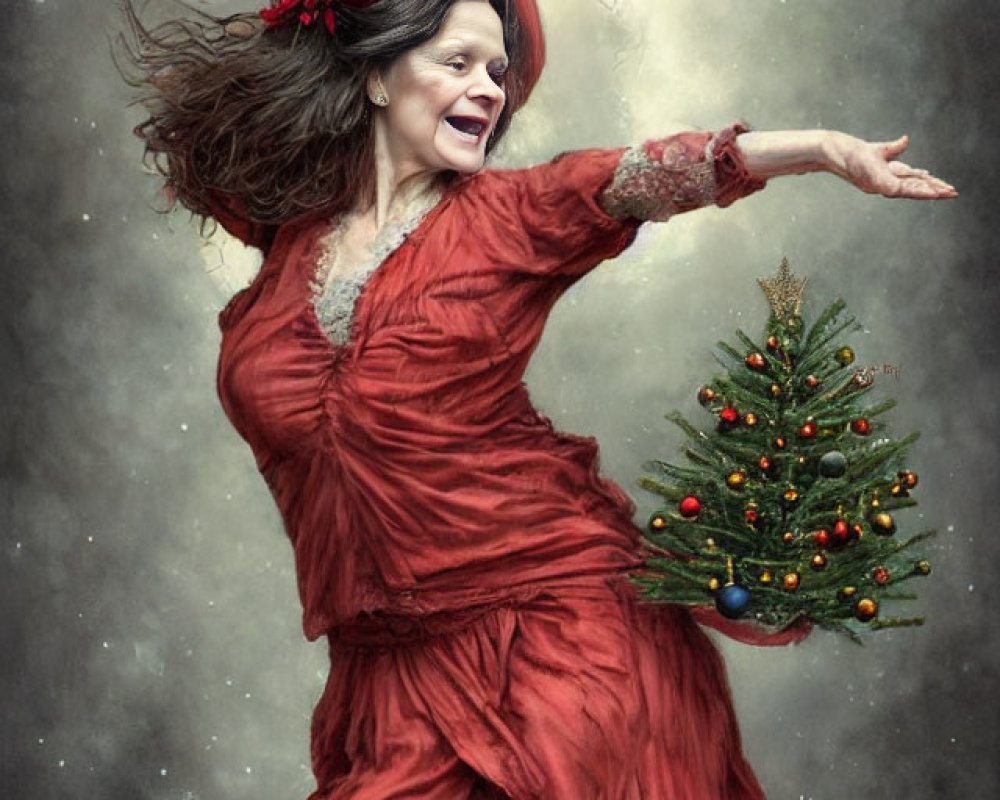 Woman in red dress dancing with Christmas tree background