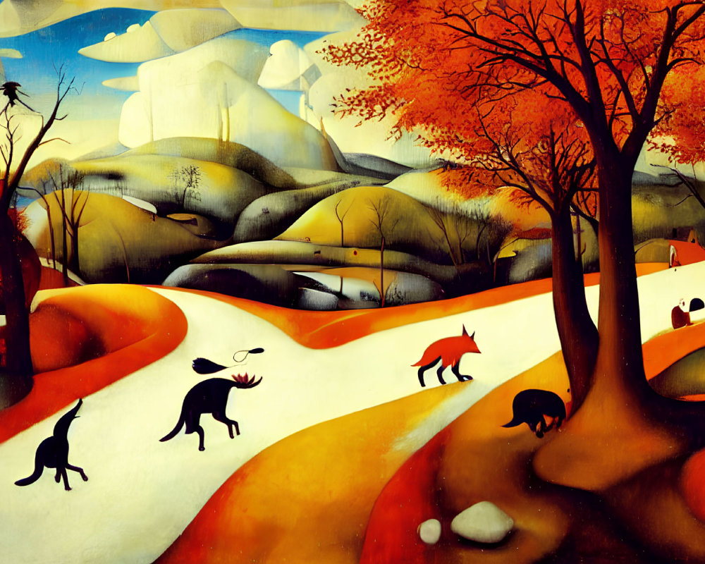 Colorful Autumn Landscape with Rolling Hills, Snowy Path, and Stylized Animals