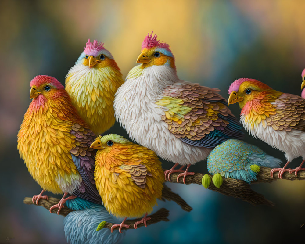 Colorful Stylized Birds Perched on Branch with Vibrant Feathers