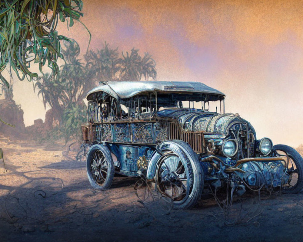 Abandoned steampunk vehicle in desert with industrial backdrop