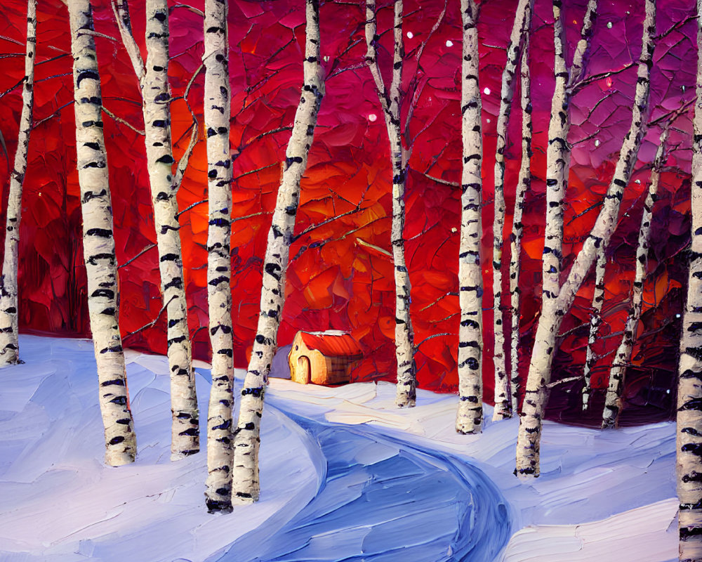 Snowy forest painting with path to warm cottage amid red and purple trees