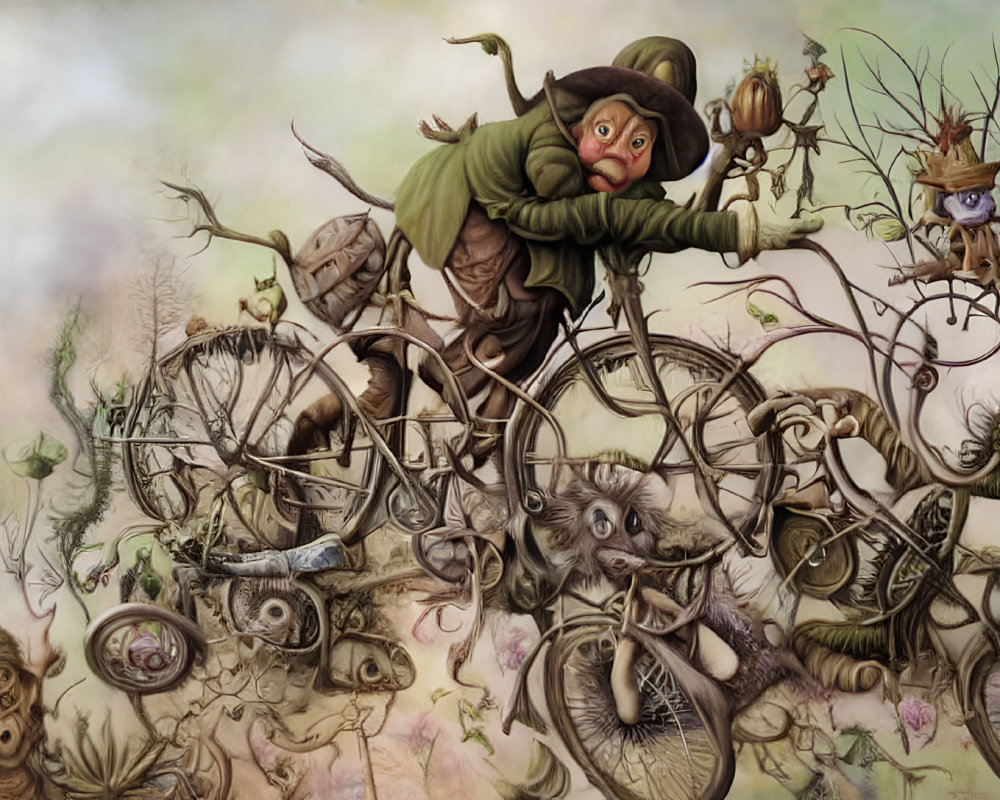 Fantastical green character on Penny-farthing bike in chaotic scene