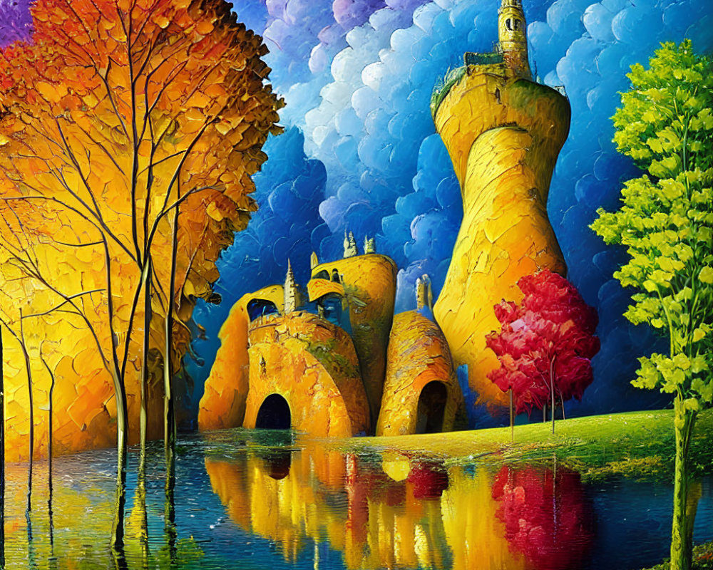 Fantasy castle painting with autumn trees and colorful sky