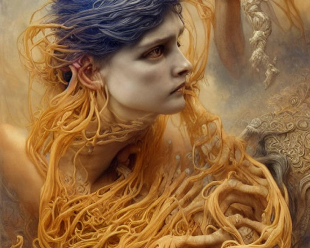 Surreal portrait of person with blue hair entwined in golden roots and pale hand