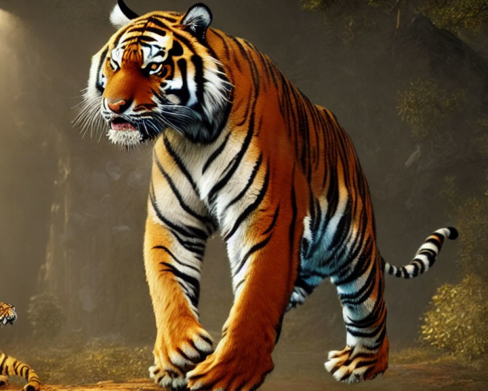 Majestic tiger with vibrant orange, black, and white stripes in forest clearing