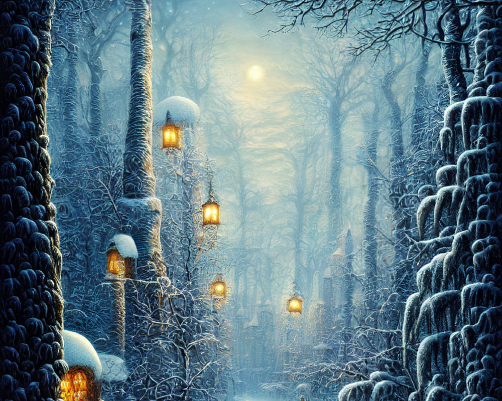 Snowy Twilight Scene: Lamplit Path Through Tranquil Snowy Forest