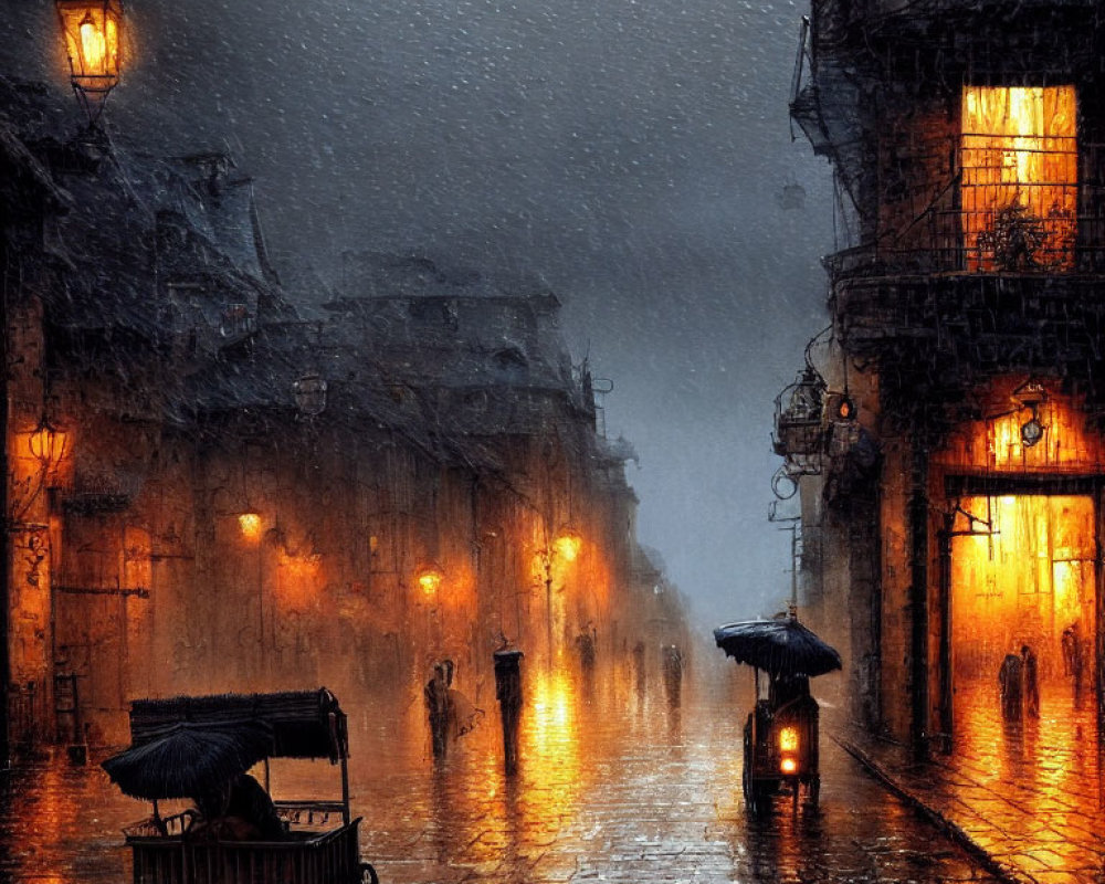 Rain-drenched cobblestone street at night with silhouettes of people and a cart.