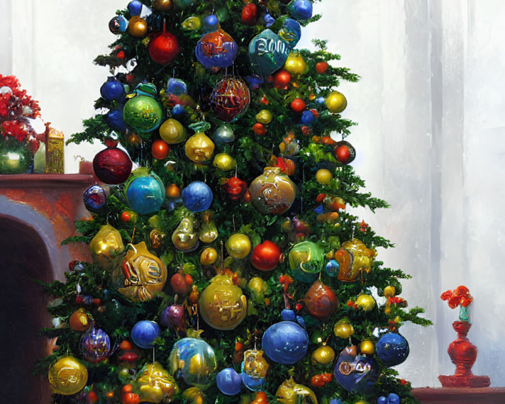 Colorful baubles and lights adorn Christmas tree with star topper in festive room.