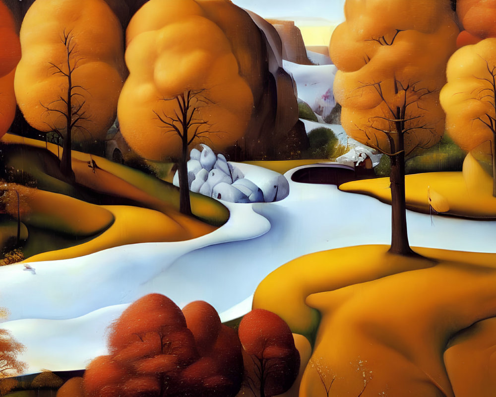 Stylized landscape painting of rolling hills, river, and autumn trees