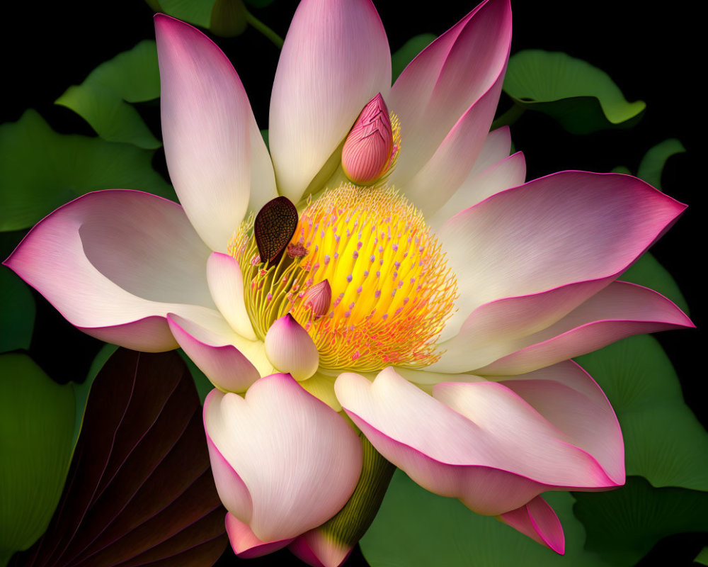 Pink and White Lotus Flower with Yellow Center on Dark Background