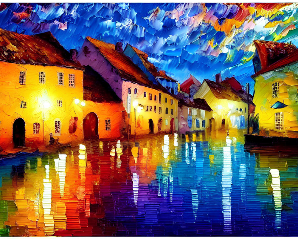 Colorful European Village Painting: Night Scene with River Reflections