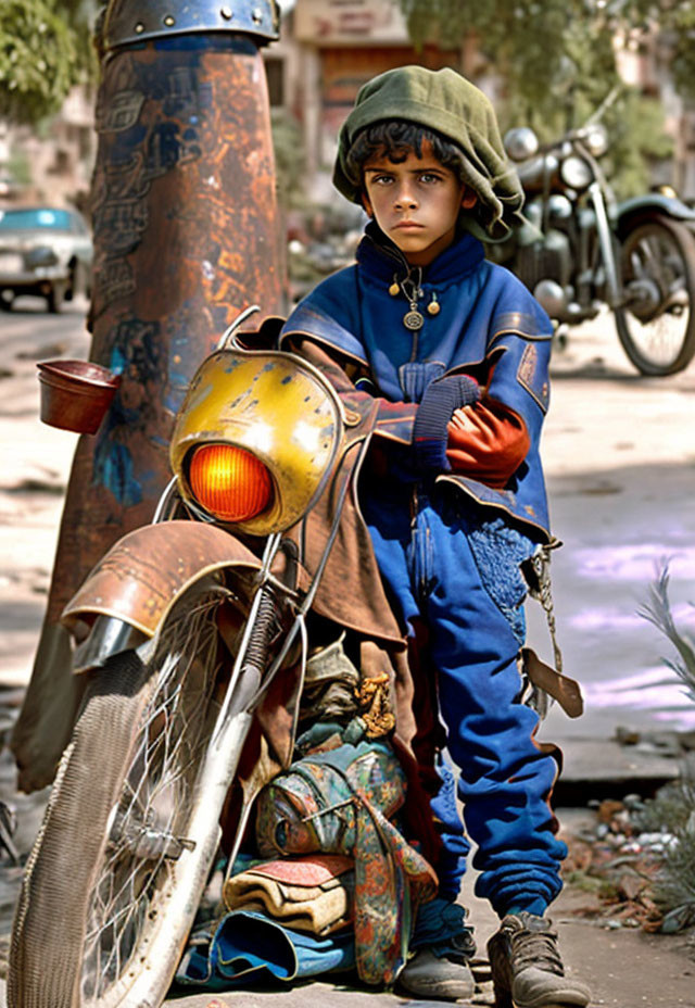 Young boy in oversized clothes with cup by rusty motorcycle on pavement.