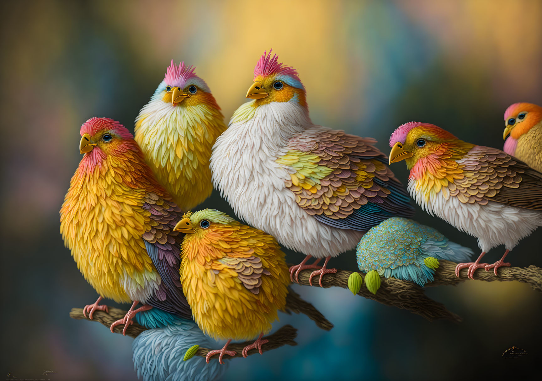 Colorful Stylized Birds Perched on Branch with Vibrant Feathers