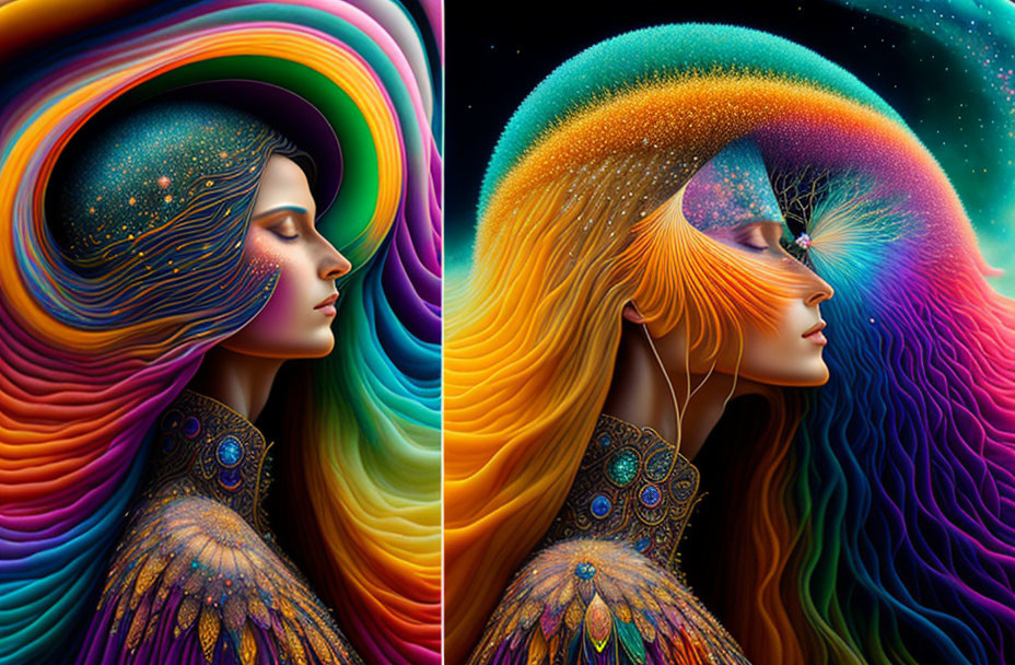 Vibrant multicolored hair and peacock feathers on women in cosmic setting