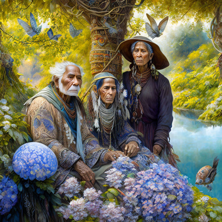 Three elder shamans in vibrant forest with blue mushrooms and birds near blooming bushes by serene river