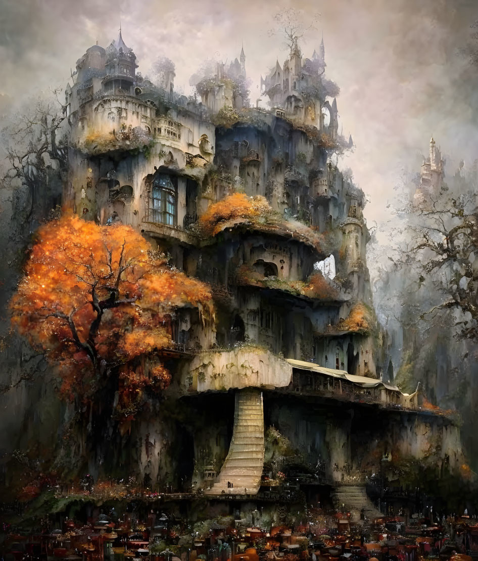 Mystical cliffside castle with spires in autumn setting