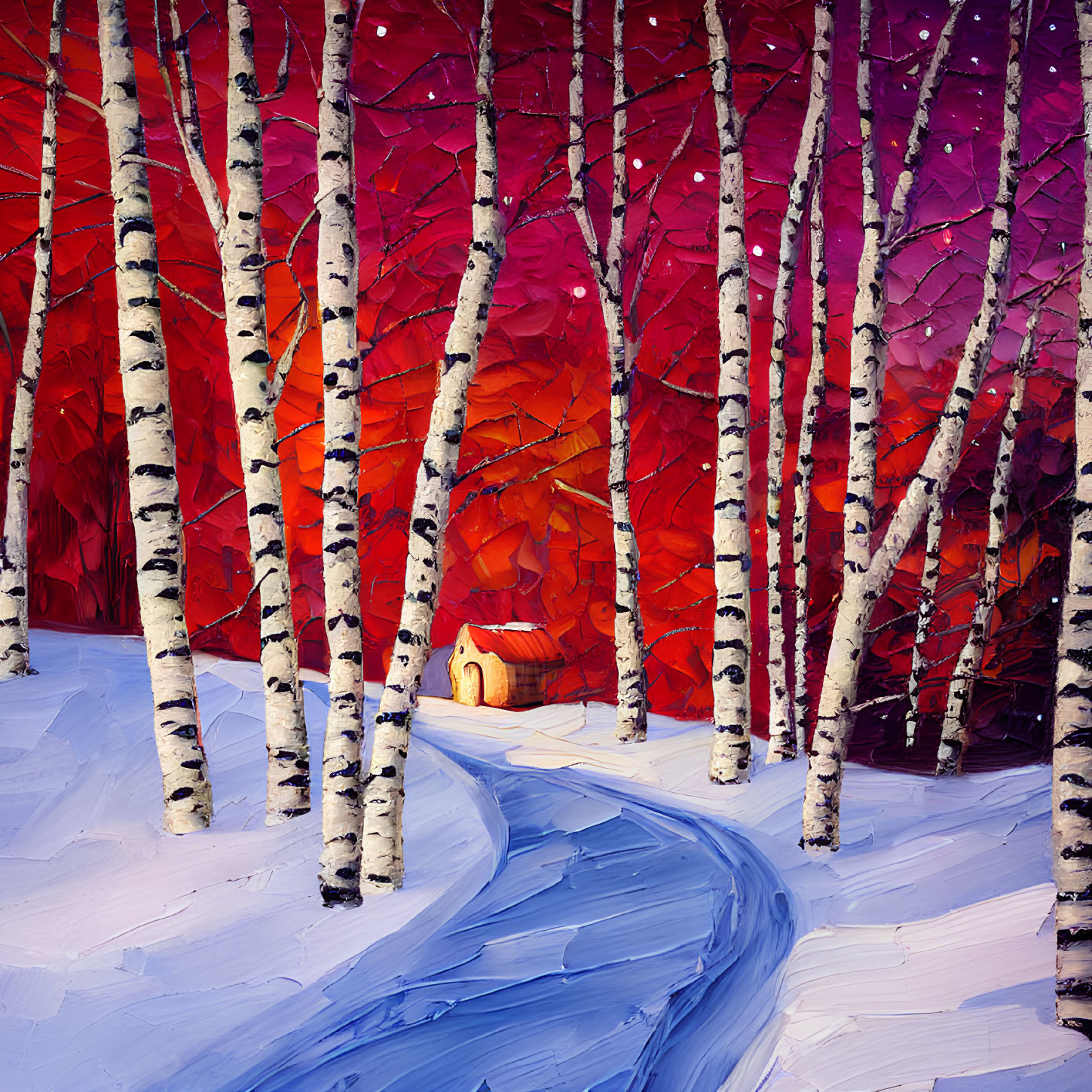 Snowy forest painting with path to warm cottage amid red and purple trees