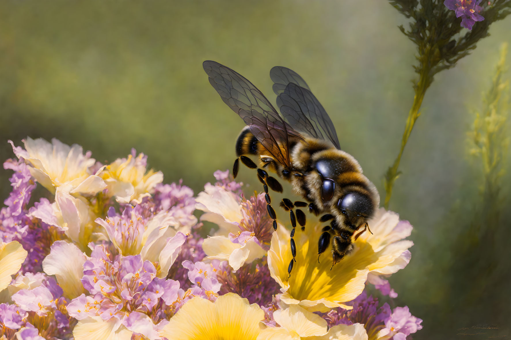 Translucent-winged bee on yellow and purple flowers with bokeh background