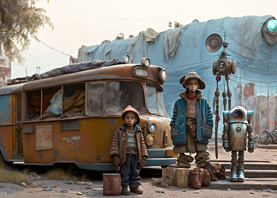 Children, robot, old bus, tarp-covered structure, aged street lamp in image