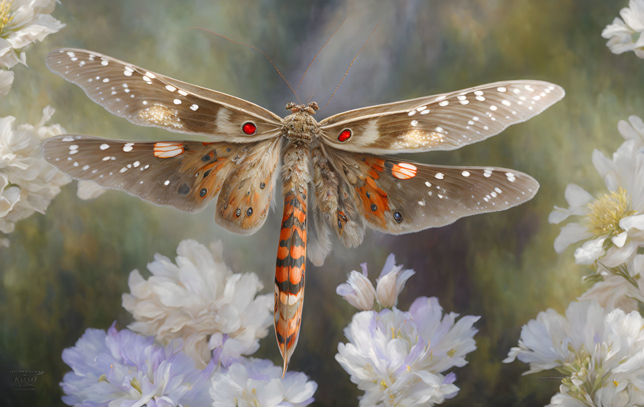 Dotted-wing butterfly with red eyes on white flowers in soft-focus background