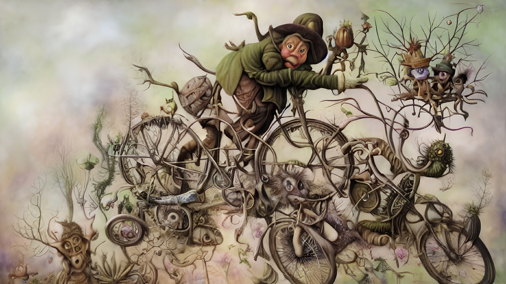 Fantastical green character on Penny-farthing bike in chaotic scene