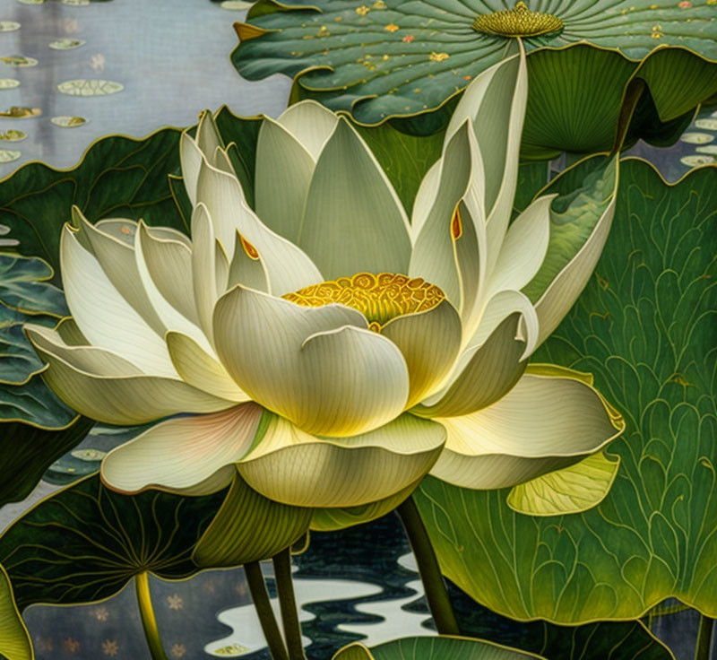 Detailed illustration of blooming lotus flower with large leaves in serene setting