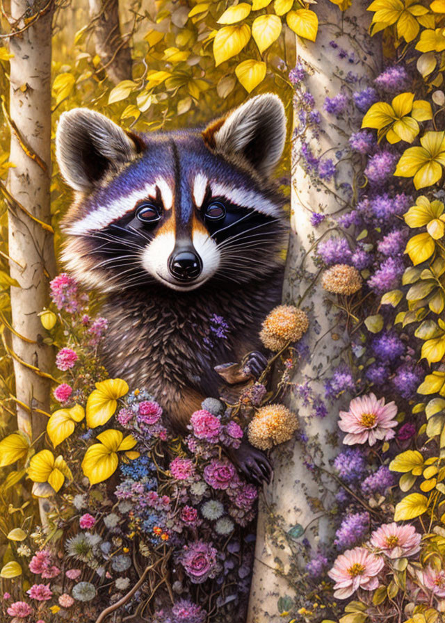 Curious raccoon peeking from behind tree in vibrant purple flower garden