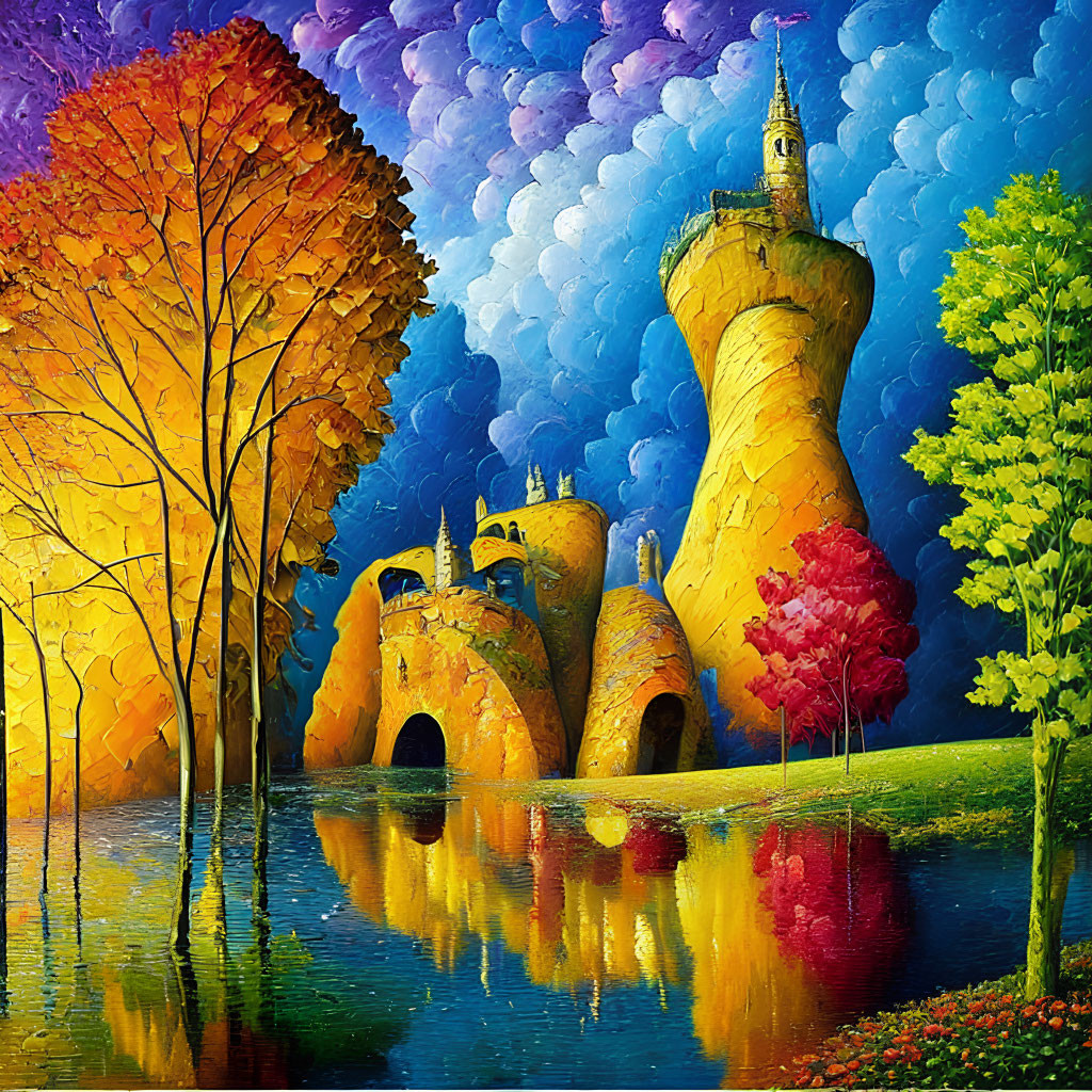 Fantasy castle painting with autumn trees and colorful sky