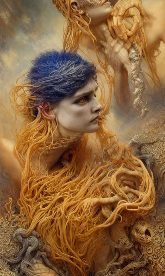 Surreal portrait of person with blue hair entwined in golden roots and pale hand