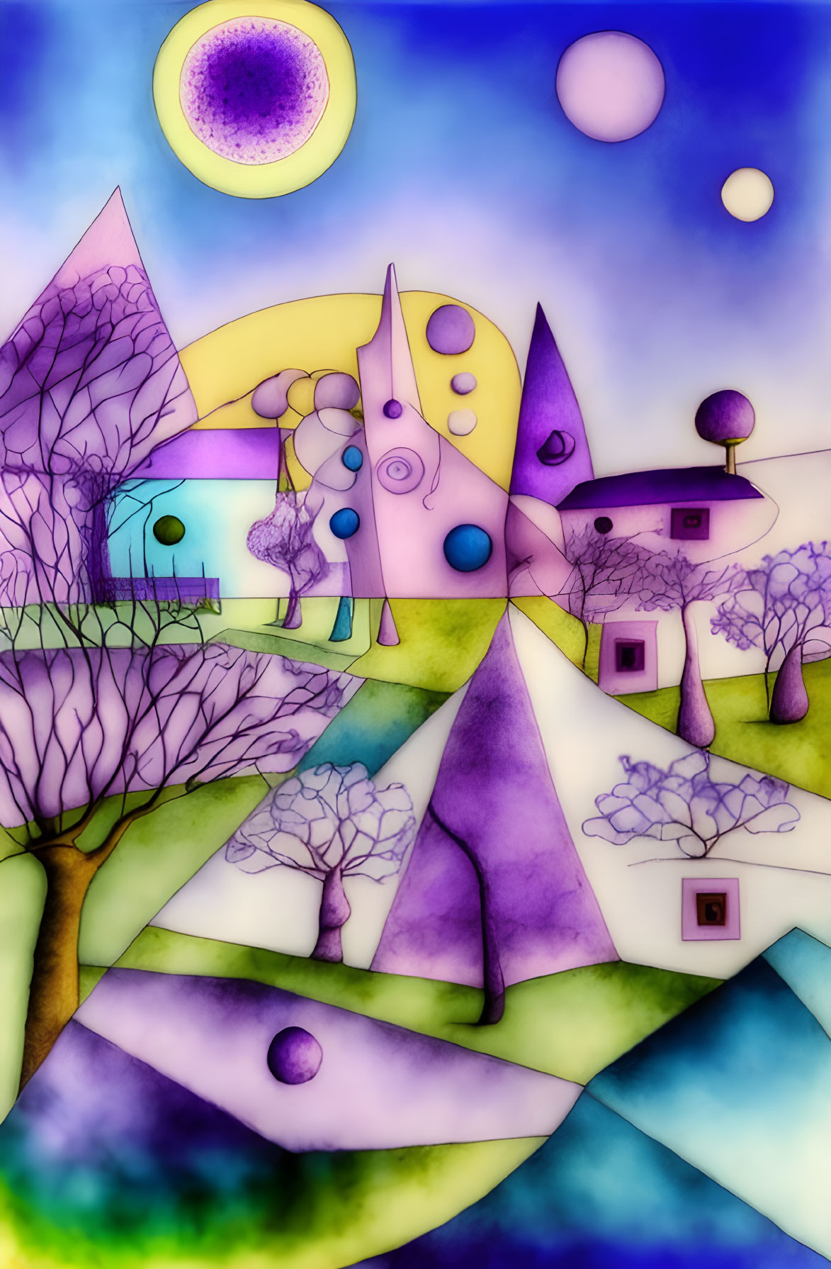 Vibrant landscape with purple trees, stylized houses, and celestial sky