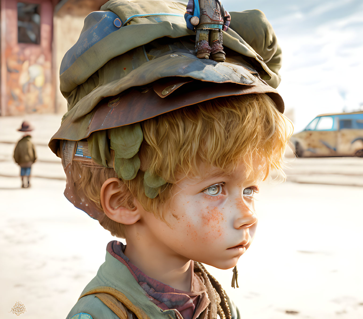 Young boy with freckles and stacked caps in rustic setting