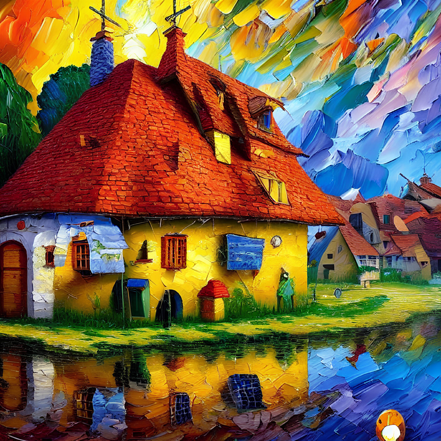 Colorful painting: quaint cottage, red roof, water reflection, stylized sky