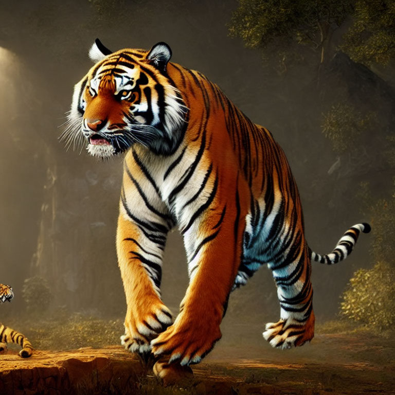 Majestic tiger with vibrant orange, black, and white stripes in forest clearing