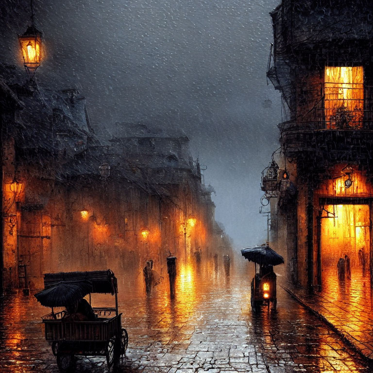 Rain-drenched cobblestone street at night with silhouettes of people and a cart.