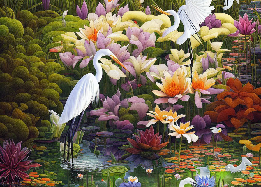 Colorful Lotus Flowers and Egrets in Vibrant Pond Scene