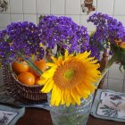 Colorful Flower Vase Painting with Sunflower, Purple Blooms, and Butterfly