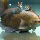 Celestial-patterned cats ride ornate fish in mystical underwater scene