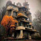 Mystical cliffside castle with spires in autumn setting