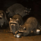 Colorful Flowers Surrounding Four Raccoons in Blur Background