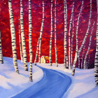 Snowy forest painting with path to warm cottage amid red and purple trees