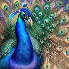 Colorful Peacock Illustration with Blue, Green, and Gold Feathers