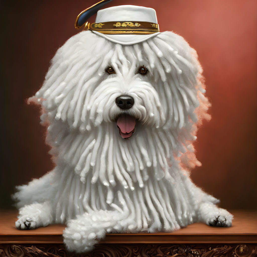 Fluffy White Dog Wearing Captain's Hat in Friendly Pose