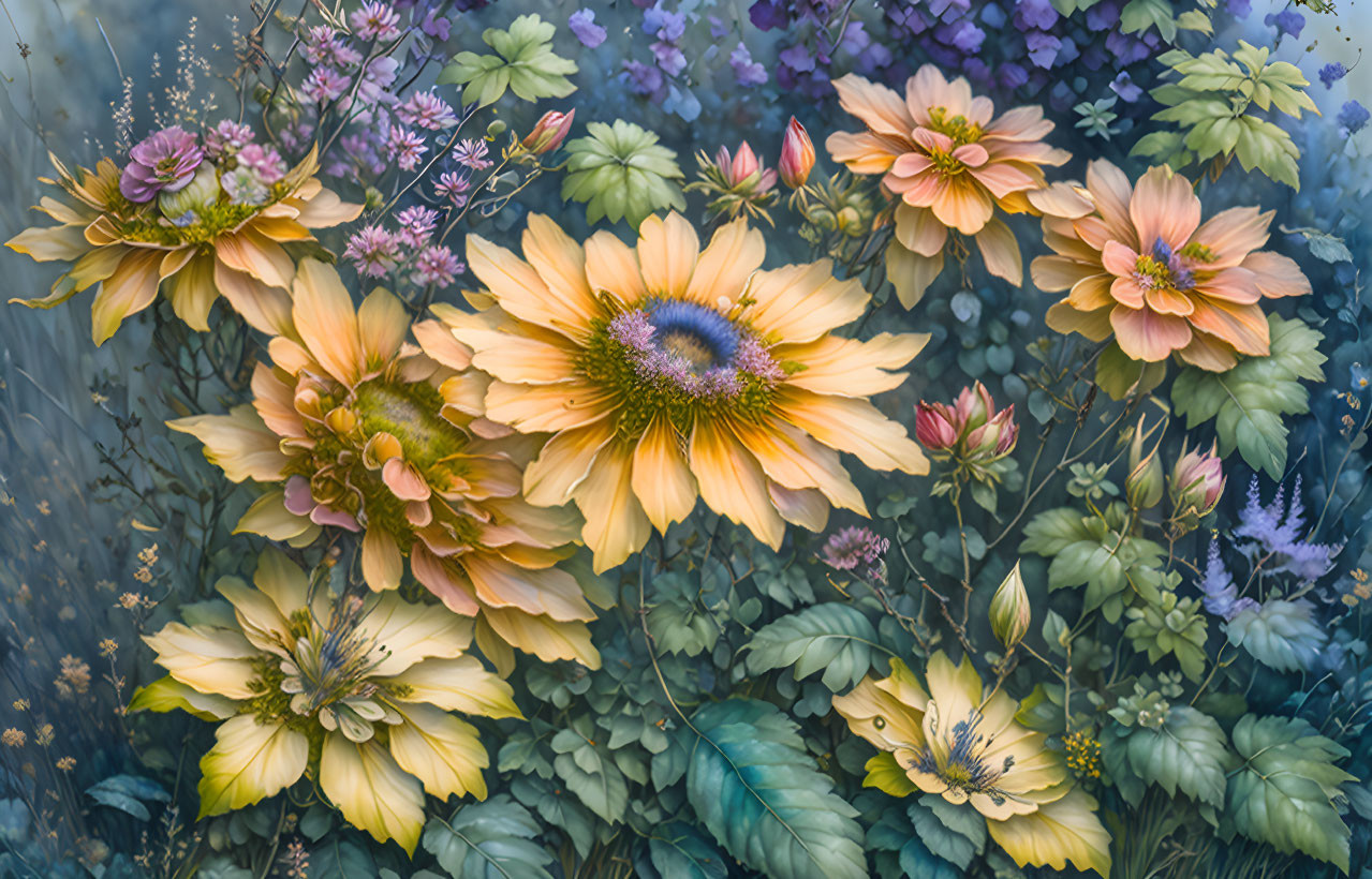 Ethereal garden scene with large yellow and orange blossoms and purple flowers