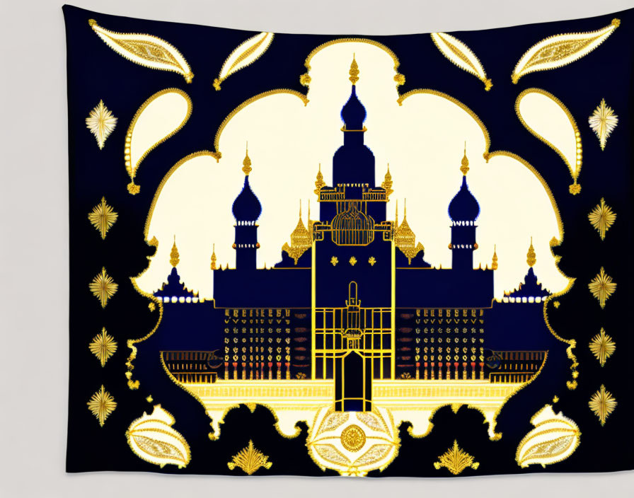 Golden Castle Tapestry on Deep Blue Background