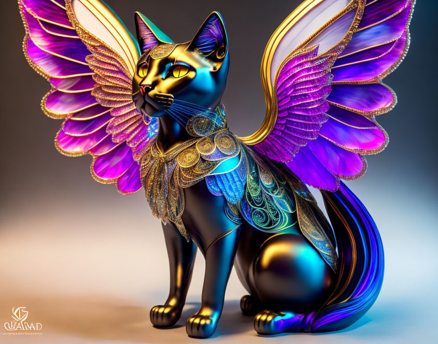 Mystical cat digital artwork: glossy blue-black with golden accents and vibrant wings.