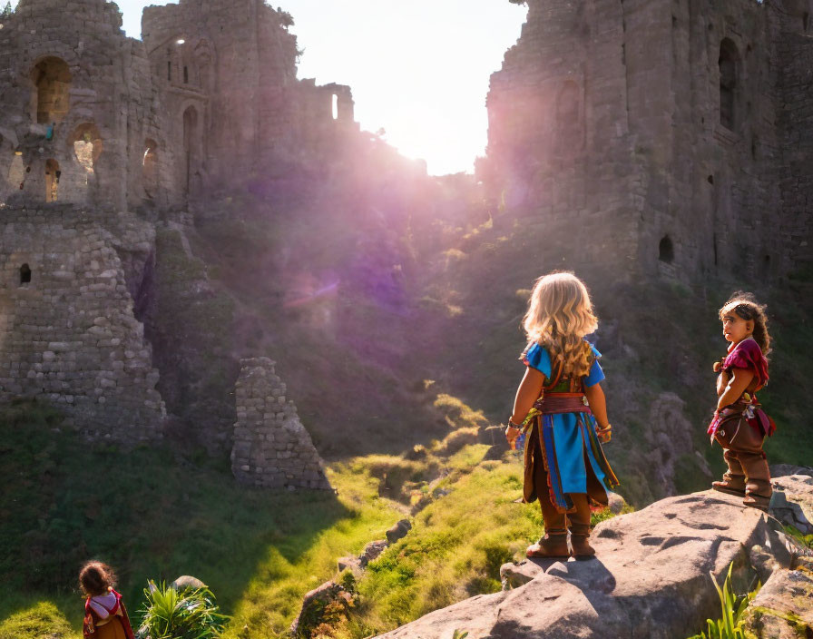 Children in costume at ancient ruins under warm sunlight.